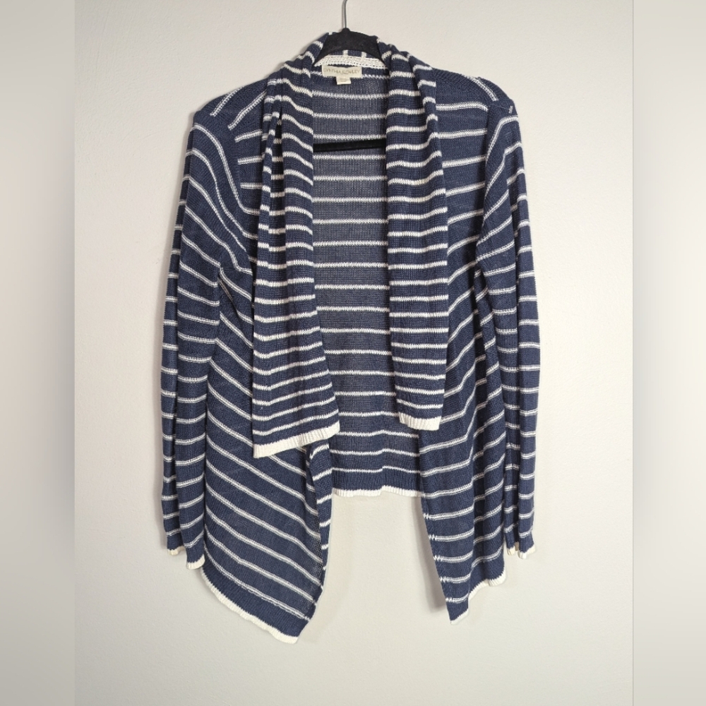 L‎ Cynthia Rowley Blue Striped Linen Open Front Cardigan